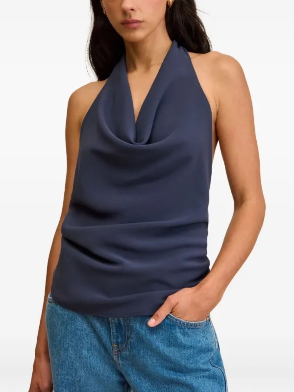 Cult Gaia Augusta Navy Draped Halter Cowl Top